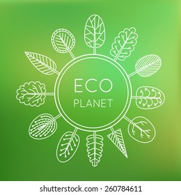 Ecology concept, eco planet. Trees around the globe on green blurred background. Vector illustration.