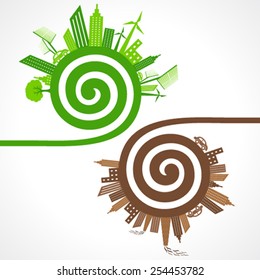  Ecology concept with eco and polluted cities. vector illustration