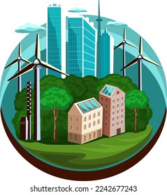 Ecology concept, ecological technologies in urban infrastructure, emblem, flat vector illustration.