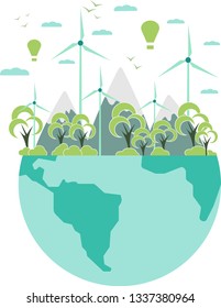 Ecology concept. Ecologically clean world. Mountains, trees, wind turbines on the planet Earth. Vector illustration