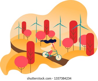 Ecology concept. Ecologically clean world. The girl rides a bicycle along wind turbines. Vector illustration