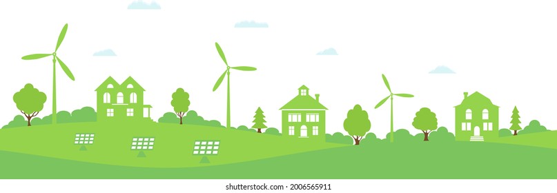 Ecology concept and environment conservation. Green house. Green energy with wind energy and solar panels. Concept of environment conservation. Vector illustration.