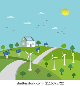 Concepto de ecología y conservación del medio ambiente. Casa verde, autocarretera, árboles verdes y energía de fuentes renovables. Ilustración vectorial.
