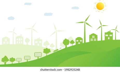 Ecology concept and environment conservation. Nature landscape, ecological houses and renewable energy with a wind generators and solar panels. Vector Illustration.