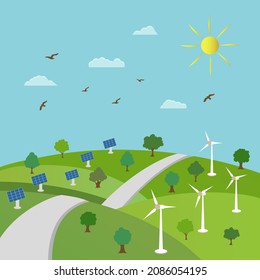 Ecology concept and environment conservation. Nature landscape with auto-road, green trees and renewable source energy. Vector Illustration.