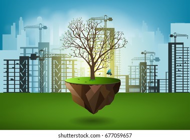 Ecology concept environment destruction by City Buildings, vector illustration.