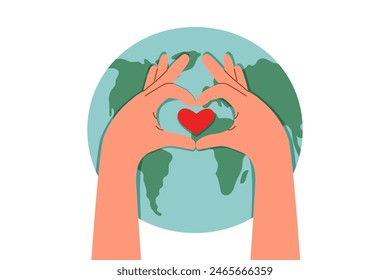 Ecology concept. Environment concept. Earth day concept. Human hands in the shape of hearts in front of the planet.