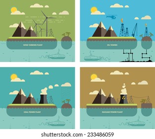 Ecology Concept. Environment, Green Energy and Nature Pollution Designs. Nuclear, coal, wind turbines power Plants and oil towers. Flat Style.