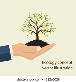 Ecology concept. Environmental protection. Tree in hand. Tree with soil in hands human. Vector illustration flat design