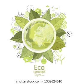 Ecology concept. Environmentally friendly world. Creative drawing on global environment with happy family stories. Info graphics. Icon. Simple illustrated illustration for printing, web. Idea. Vector