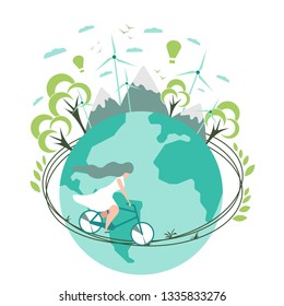 Ecology concept. Environmentally friendly world. The girl rides a bicycle at the equator of the planet. Vector illustration.