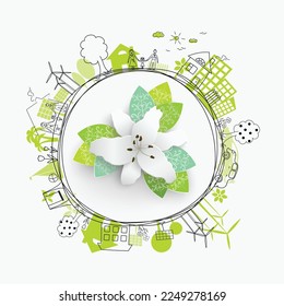Ecology concept. Environmentally friendly world. Creative drawing on global environment with happy family stories. Info graphics. Icon. Simple illustrated illustration for printing, web. Idea. Vector
