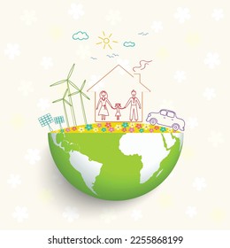 Concepto de ecología. Un mundo respetuoso con el medio ambiente. Dibujo creativo sobre el ambiente global con historias familiares felices. Gráficos de información. Vector