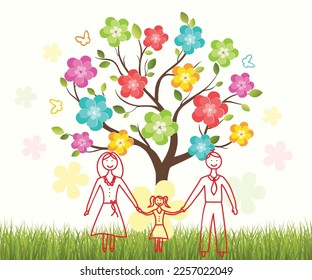 Ecology concept. Environmentally friendly world. Creative drawing on global environment with happy family stories. Info graphics. Vector