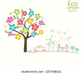 Ecology concept. Environmentally friendly world. Creative drawing on global environment with happy family stories. Info graphics. Vector