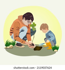 Ecology concept. Father with son planting a tree, saving the planet, world environment day, biotechnology, city on the background of the planet. 
