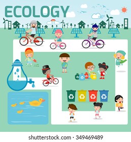 ecology concept. flat design illustration, Kids for Saving Earth ,Save the world, people save planet,save the water ecology concept, cartoon character, Ecology infographics