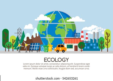 Ecology concept in flat stile. Horizontal colorful web banner with big globe, nature, alternative fuel, electric car. Green energy and green lifestyle. Can used for info graphic, web banners.  