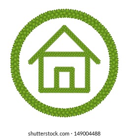 Ecology Concept, Fresh Green Four Leaf Clover Forming House Icon in Circle Frame Isolated on White Background 