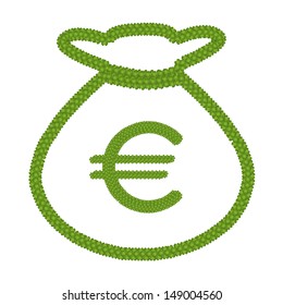 Ecology Concept, Fresh Green Four Leaf Clover Forming Euro Symbol in A Money Bag Icon Isolated on White Background 