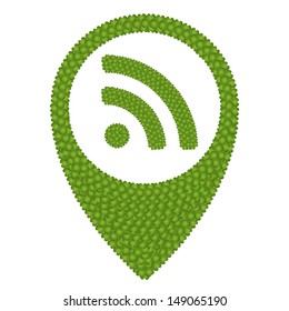 Ecology Concept, Fresh Green Four Leaf Clover Forming Map Pin Icon or Straight Pin and RSS Symbol, Isolated on White Background 