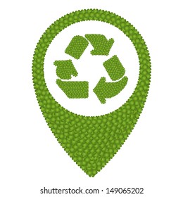 Ecology Concept, Fresh Green Four Leaf Clover Forming Map Pin Icon or Straight Pin and Recycling Sign, Isolated on White Background 