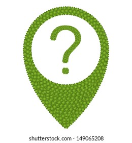 Ecology Concept, Fresh Green Four Leaf Clover Forming Map Pin Icon or Straight Pin and Question Symbol, Isolated on White Background 
