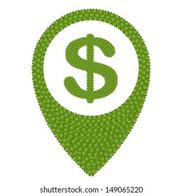 Ecology Concept, Fresh Green Four Leaf Clover Forming Map Pin Icon or Straight Pin and Dollar Symbol, Isolated on White Background 