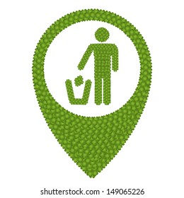 Ecology Concept, Fresh Green Four Leaf Clover Forming Map Pin Icon or Straight Pin and A Man Throwing Garbage into A Trash Can, Isolated on White Background 