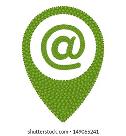 Ecology Concept, Fresh Green Four Leaf Clover Forming Map Pin Icon or Straight Pin and At Symbol, Isolated on White Background 