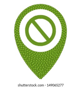 Ecology Concept, Fresh Green Four Leaf Clover Forming Map Pin Icon or Straight Pin and Forbidden Symbol, Isolated on White Background 