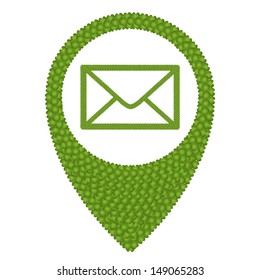 Ecology Concept, Fresh Green Four Leaf Clover Forming Map Pin Icon or Straight Pin and Envelope Icon, Isolated on White Background 