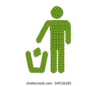 Ecology Concept, Fresh Green Four Leaf Clover Forming A Man Throwing Garbage into A Trash Can Icon for Taking Care of Our Environment