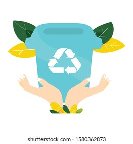 Ecology concept. Garbage container with plants and trees in human hands. Protect nature and ecology banner. Earth day. Vector illustration.