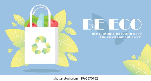 Ecology concept. Girl with eco bag on the background of leaves and phone. Shopping without waste, reusable, environmental concern. Flat design style minimal vector banner.