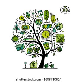 Ecology concept. Global environment and recycling. Art tree with icons. Vector illustration