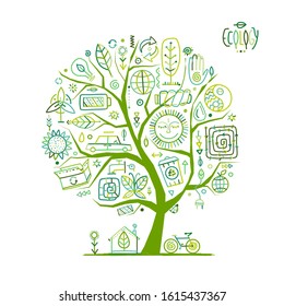 Ecology concept. Global environment and recycling. Art tree with icons. Vector illustration