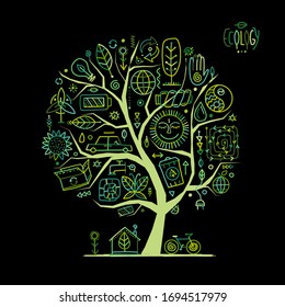 Ecology concept. Global environment and recycling. Art tree with icons. Vector illustration
