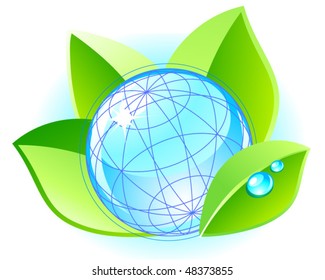 Ecology concept with globe and leaves. Vector