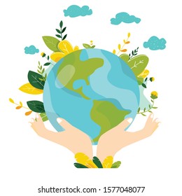 Ecology concept. Globe with plants and trees in human hands. Protect nature and ecology banner. Earth day. Vector illustration