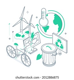 Concepto de ecología - ilustración de línea isométrica verde y negra. Ordenación de desechos, idea de ahorro de energía. Calentamiento global, transporte sostenible. Camión de basura, bicicleta, planeta, generadores de energía eólica