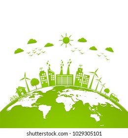 Ecology concept with green city on earth, World environment and sustainable development concept, vector illustration Ecology concept with green city on earth, World environment and sustainable development concept, vector illustration