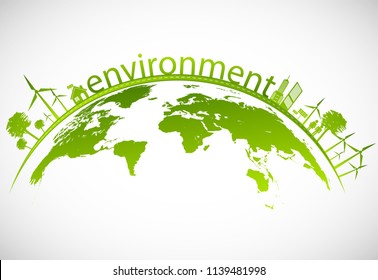 Ecology concept with green city on earth. sustainable development World environment concept, vector illustration