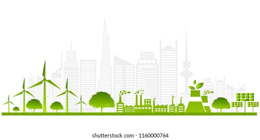 Ecology concept with green city on earth. sustainable development World environment concept, vector illustration