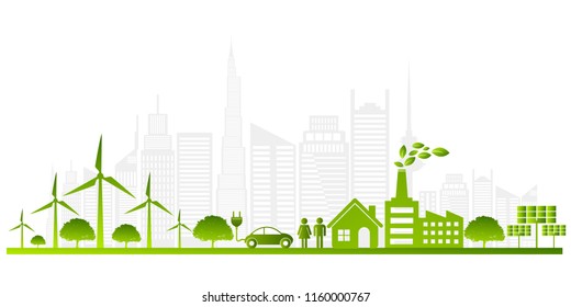 Ecology Concept With Green City On Earth. Sustainable Development World Environment Concept, Vector Illustration