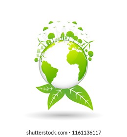 Ecology concept with green city on earth, World environment and sustainable development concept, vector illustration