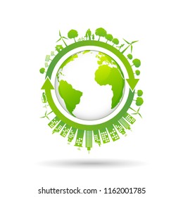 Ecology concept with green city on earth, World environment and sustainable development concept, vector illustration