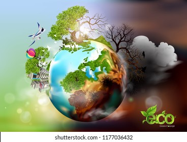 Ecology concept with green city on earth.Earth Day. Eco friendly concept. Vector illustration.World environment day background.Save the earth.