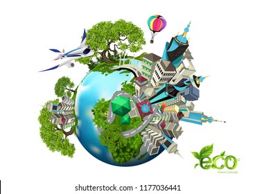 Ecology concept with green city on earth.Earth Day. Eco friendly concept. Vector illustration.World environment day background.Save the earth.