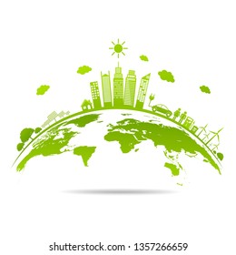 Ecology concept with green city on earth. sustainable development World environment concept, vector illustration